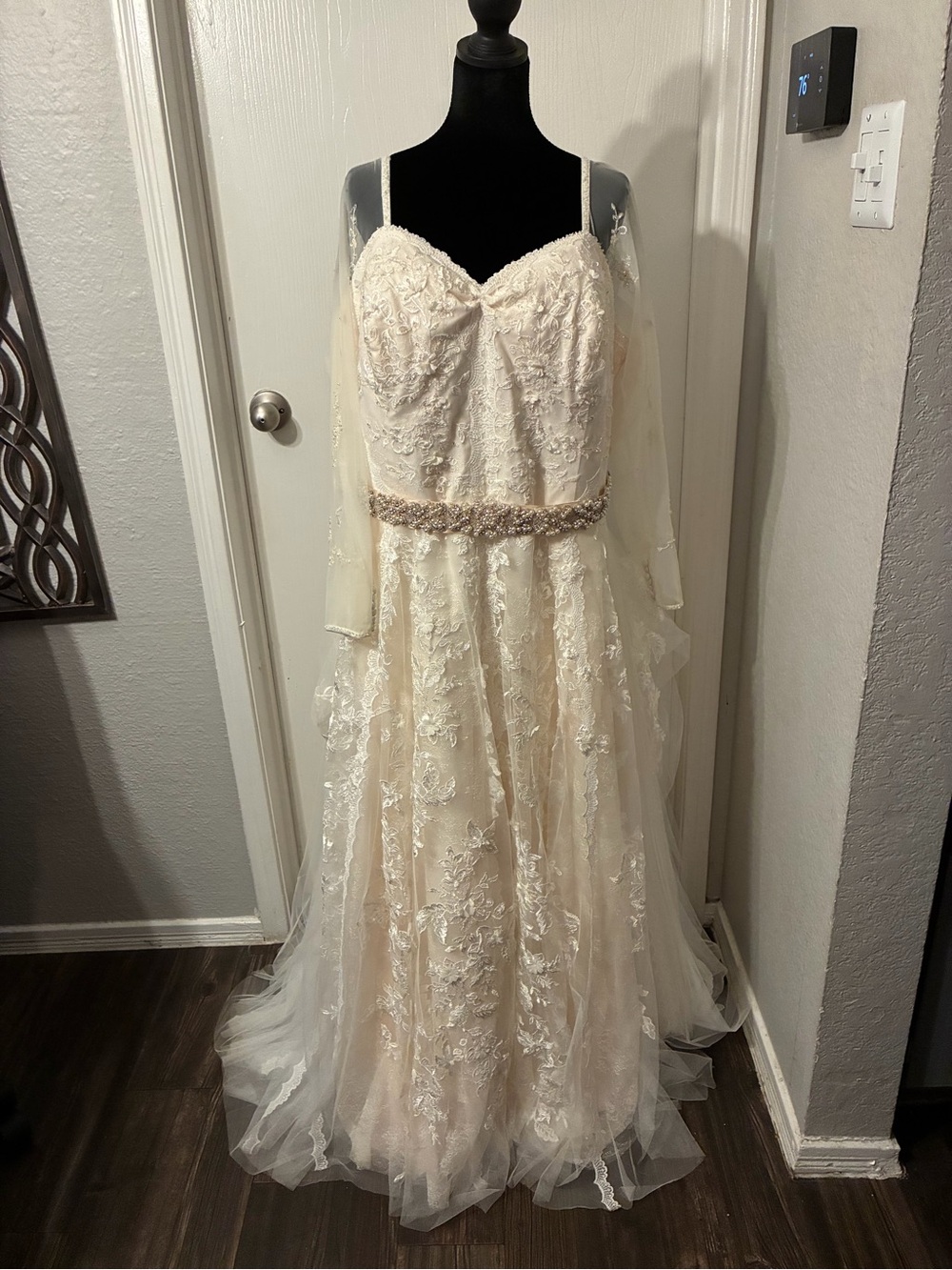 Plus Size 26W Petite Champagne Lace Wedding Dress with Beaded Ribbon